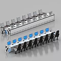Large Conference Room Interior With Rows of Computer Desks and Black Chairs