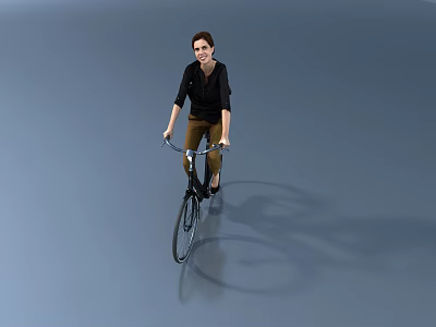 Woman in Black Top and Brown Pants Riding Bicycle on Light Blue Surface 3d model