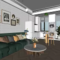 Modern Living Room Dining Area Interior Design With Green Sofa Wooden Furniture Framed