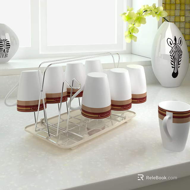 Ceramic Cups with Brown Stripes on Drying Rack for Modern Kitchen Countertop 3d model 