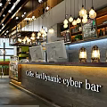 Modern Café Interior With Wooden Ceiling Hanging Lights And Marble Counter