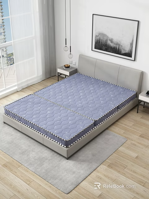 Blue Diamond Pattern Mattress On Modern Bed Frame With Nightstand And Window In Bedroom 3d model 