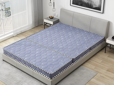 Blue Diamond Pattern Mattress On Modern Bed Frame With Nightstand And Window In Bedroom 3d model