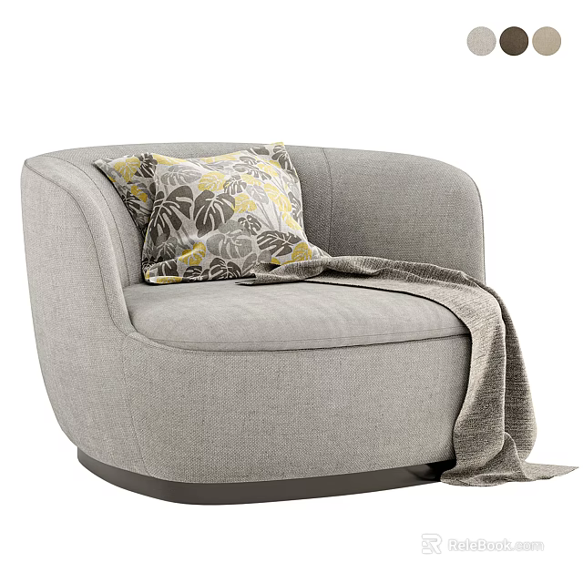 Gray Curved Design Armchair With Patterned Cushion And Throw Blanket 3d model
