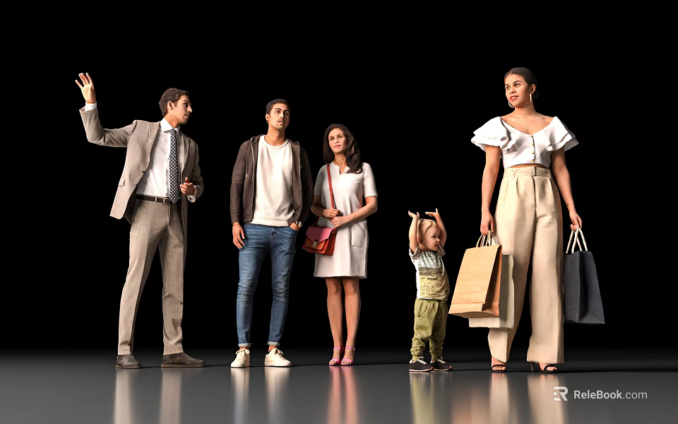 Group of People Including Adults and Child Holding Shopping Bags in Casual Attire 3d model 