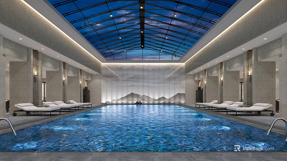 Indoor Luxury Swimming Pool With Glass Ceiling And Lounge Chairs 3d model 