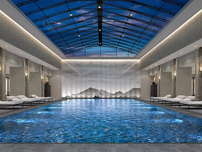 Indoor Luxury Swimming Pool With Glass Ceiling And Lounge Chairs 3d model