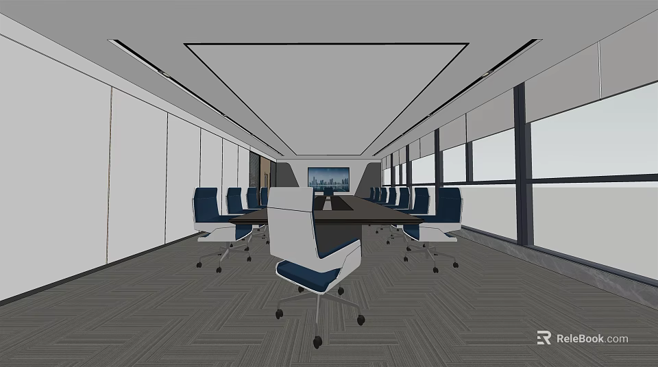 Modern Conference Room Interior With Large Table Comfortable Chairs Windows And Screen 3d model