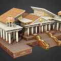 Cartoon Scene Of Classical Building With Columns Domes And Golden Decorations Steps