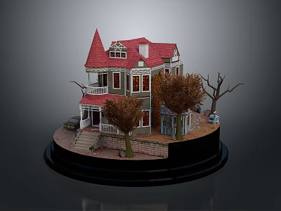 Victorian Style Multi Story House With Red Roof Porch Trees And Front Car 3d model