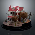 Victorian Style Multi Story House With Red Roof Porch Trees And Front Car