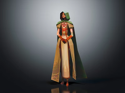 Hooded Character In Green Cloak And White Robe With Crossed Hands Against Gray Gradient Background 3d model