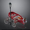 Vintage Street Lamp Bicycle Red Boat And White Lifebuoy In Outdoor Scene