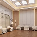 New Chinese Style Reception Room With Elegant Landscape Mural Warm Lighting And Comfortable Seats