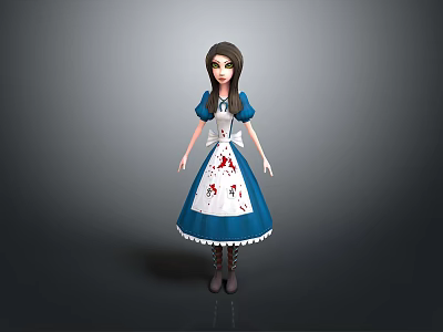 Game Film Character 3D Model With Blue Dress White Apron Red Heart Patterns Brown Hair 3d model