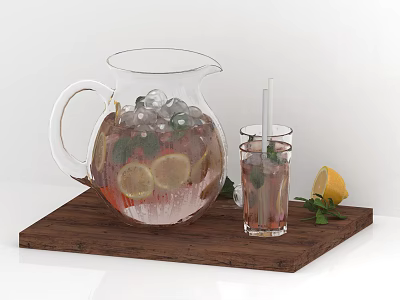 Refreshing Beverage with Ice Cubes Lemon Slices Mint Leaves in Glass Pitcher on Wooden Tray 3d model