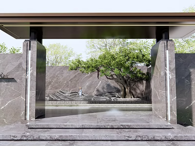 Modern Entrance Gate Design With Marble Walls Tree And Water Feature 3d model