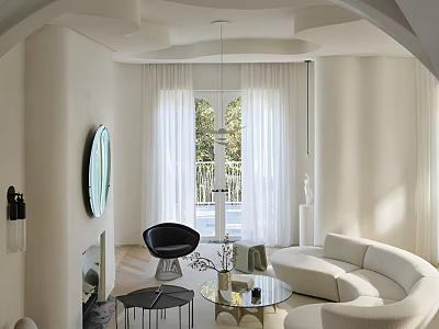 Modern Living Room With Curved Design White Sofa Round Mirror Natural Light And Greenery 3d model