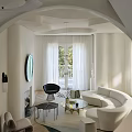 Modern Living Room With Curved Design White Sofa Round Mirror Natural Light And Greenery