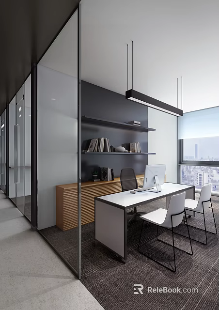 Modern Office Interior With Glass Partitions Shelves Wooden Desk Computer And White Chairs By Window 3d model 
