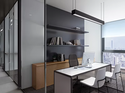 Modern Office Interior With Glass Partitions Shelves Wooden Desk Computer And White Chairs By Window 3d model