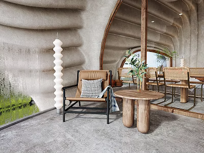 Modern Interior With Curved Concrete Walls Spiral Floor Lamp Armchair Green Plants And Wooden Table 3d model