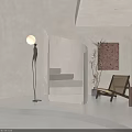 Modern Spiral Staircase Interior With Floor Lamp Chair Plant and Wall Art