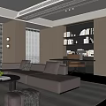 Modern Living Room with L shaped Sofa Coffee Table Bookshelf Desk and Neutral Tones