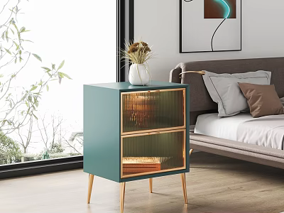 Teal Bedside Table with Gold Legs Two Drawers Glass Details and Vase in Bedroom 3d model