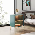 Teal Bedside Table with Gold Legs Two Drawers Glass Details and Vase in Bedroom