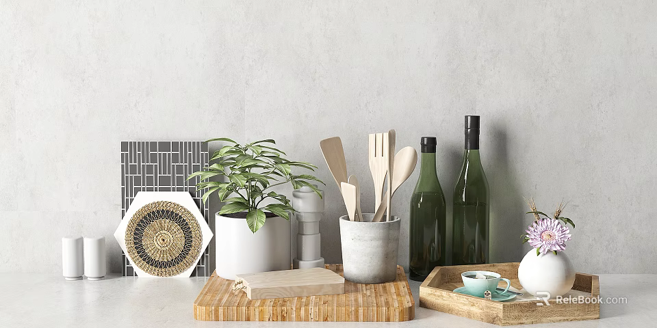 Wooden Kitchen Utensils in White Container with Green Plant Decorative Plate and Wine Bottles 3d model 