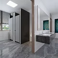 Modern Public Restroom With Toilet Stalls Sink Counter Mirror Marble Floor And Potted Plant