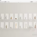 Minimalist Modern Decorative Ornament Combination with Vases Cups and Sculptures on White Shelves White Wall