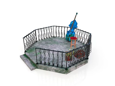 Round Stone Platform Scene With Black Iron Railing Blue Cello Red Stool And Dog Bed 3d model