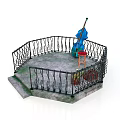 Round Stone Platform Scene With Black Iron Railing Blue Cello Red Stool And Dog Bed