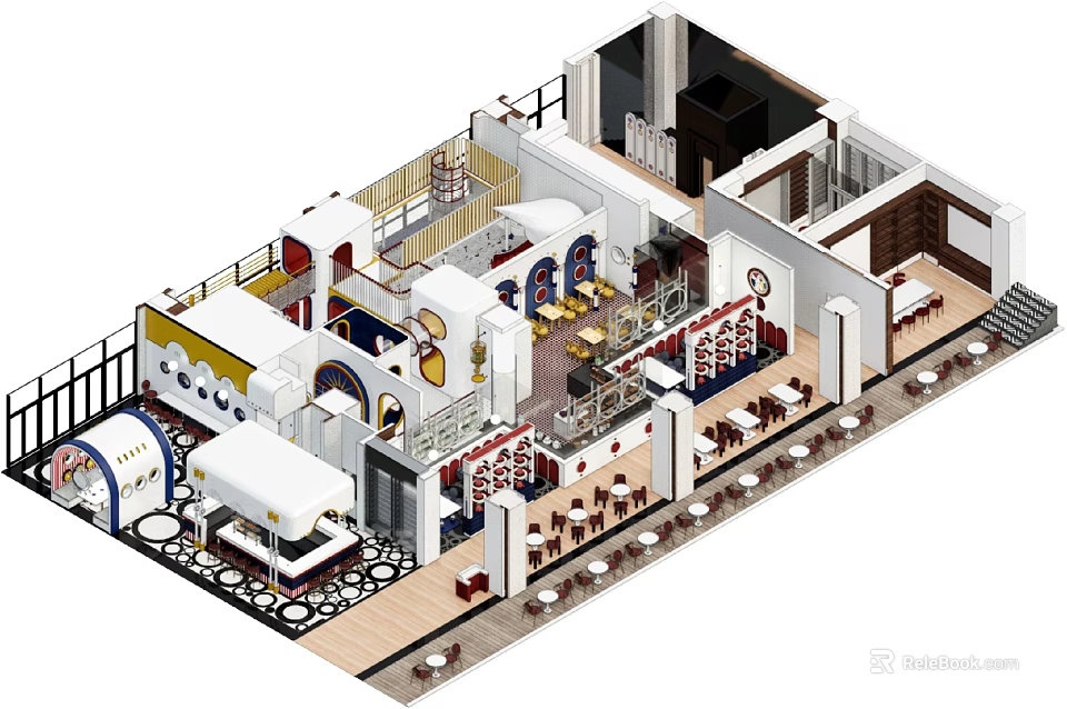 Modern Restaurant Interior Design With Seating Area Tables Chairs And Bar Counter 3d model