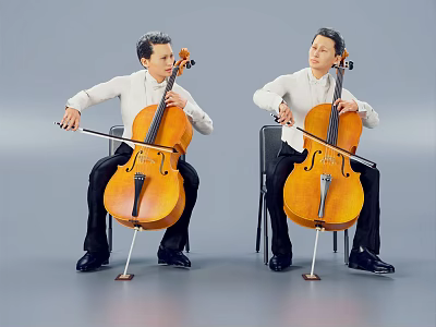 Two men playing cello in white shirts seated on chairs against gray background 3d model
