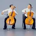 Two men playing cello in white shirts seated on chairs against gray background