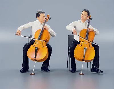 Two men playing cello in white shirts seated on chairs against gray background 3d model