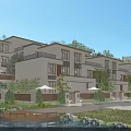 Modern Spacious Townhouse Exterior Design With Lush Trees Natural Surroundings Water Feature And Outdoor Courtyard