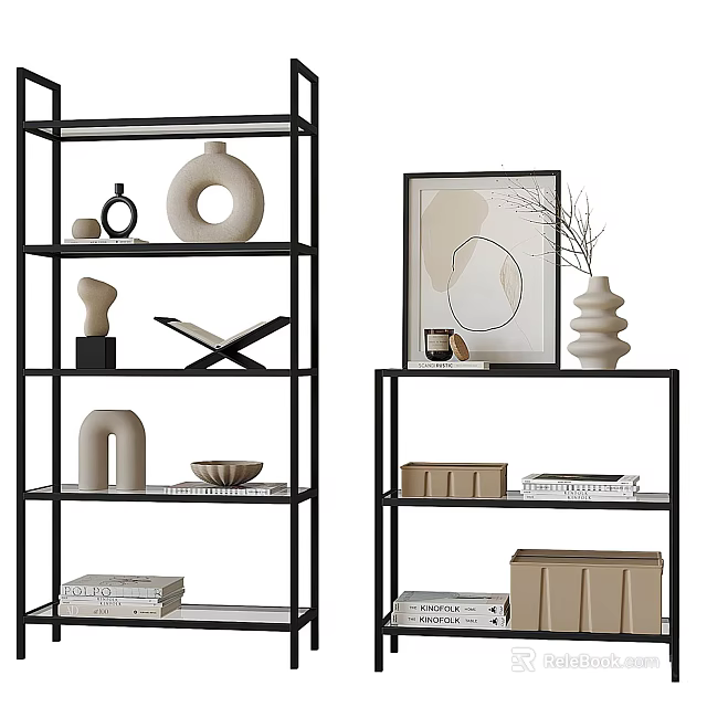 Modern Black Frame Open Shelving Units With Decorative Vases Books And Storage Boxes 3d model 