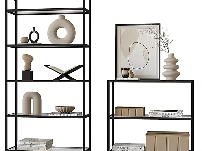 Modern Black Frame Open Shelving Units With Decorative Vases Books And Storage Boxes 3d model