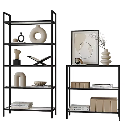 Modern Black Frame Open Shelving Units With Decorative Vases Books And Storage Boxes 3d model