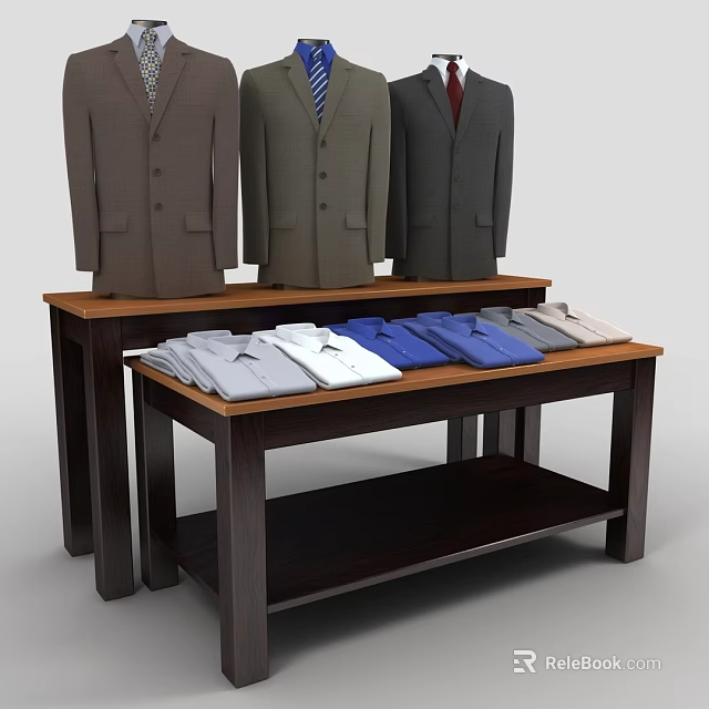Wooden Display Shelves with Hanging Suits and Folded Shirts in Retail Store 3d model 