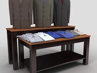 Wooden Display Shelves with Hanging Suits and Folded Shirts in Retail Store 3d model