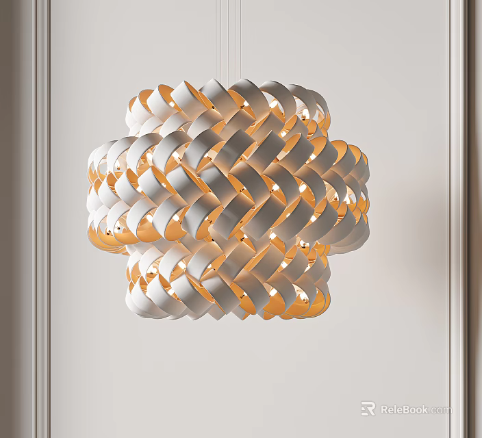 Modern Woven Chandelier With Layered Structure White Exterior And Warm Yellow Lighting 3d model 