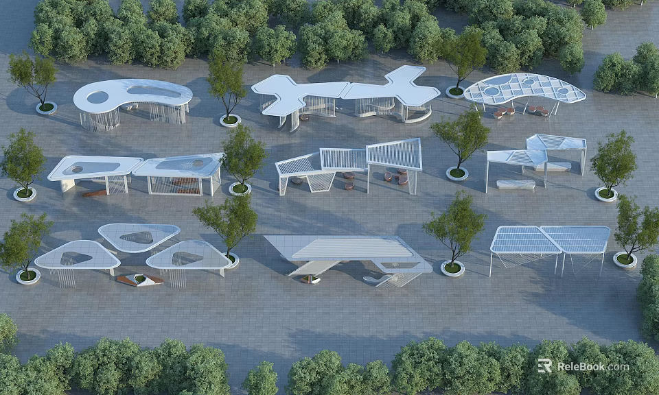 Outdoor Modern Pergola Designs With Various Shapes And Green Trees Around Paved Ground 3d model 