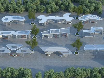 Outdoor Modern Pergola Designs With Various Shapes And Green Trees Around Paved Ground 3d model