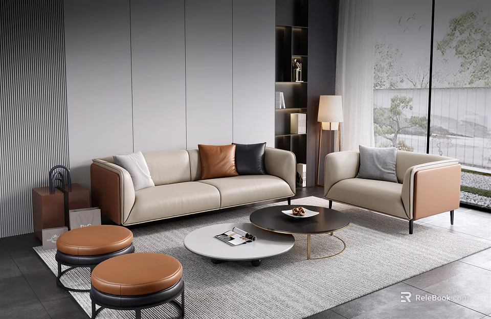 Modern Living Room Sofa and Coffee Table Set with Accent Pillows and Round Ottoman 3d model 