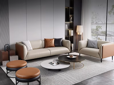 Modern Living Room Sofa and Coffee Table Set with Accent Pillows and Round Ottoman 3d model